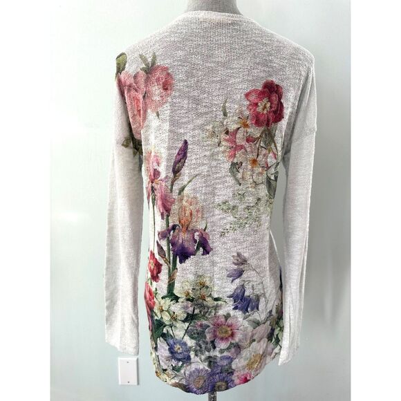 Rolla Coster Floral Roses Open Front Gray White Cardigan Knit Top size Medium - Picture 3 of 9